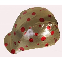 Ecotak lycra helmet cover - gold with red spots. 