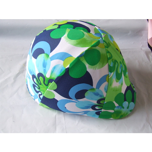 Lycra helmet cover no peak pocket - blue green flower