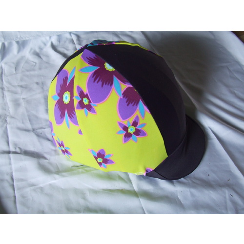 Ecotak Lycra Helmet Cover - plum & lime with purple flowers