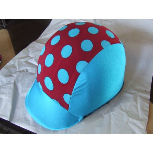 Ecotak lycra helmet cover - aqua and burgandy polka dots 