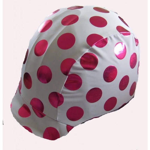 Ecotak lycra helmet cover - White with metalic pink polka dots. 