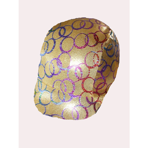Ecotak gold with multi coloured circles lycra horse helmet cover