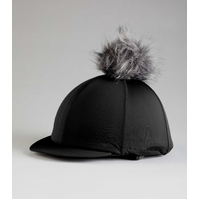 Premier Equine PEI Jersey Hat Silk/helmet cover with faux fur pom pom black 