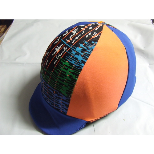 Ecotak Lycra Helmet Cover - Royal blue, orange & black abstract