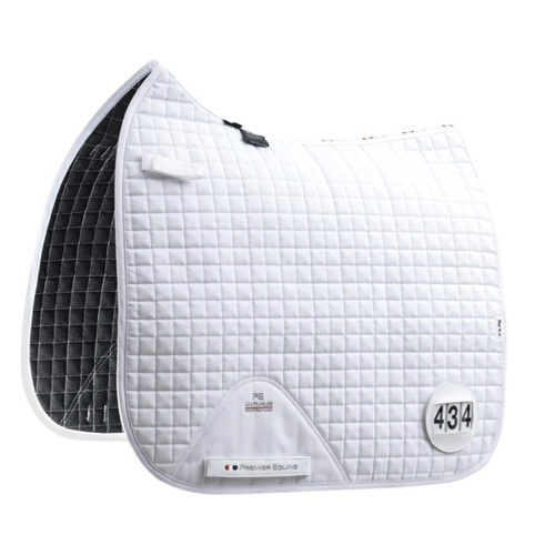 Premier Equine close contact cotton dressage competition saddle pad white with numbers